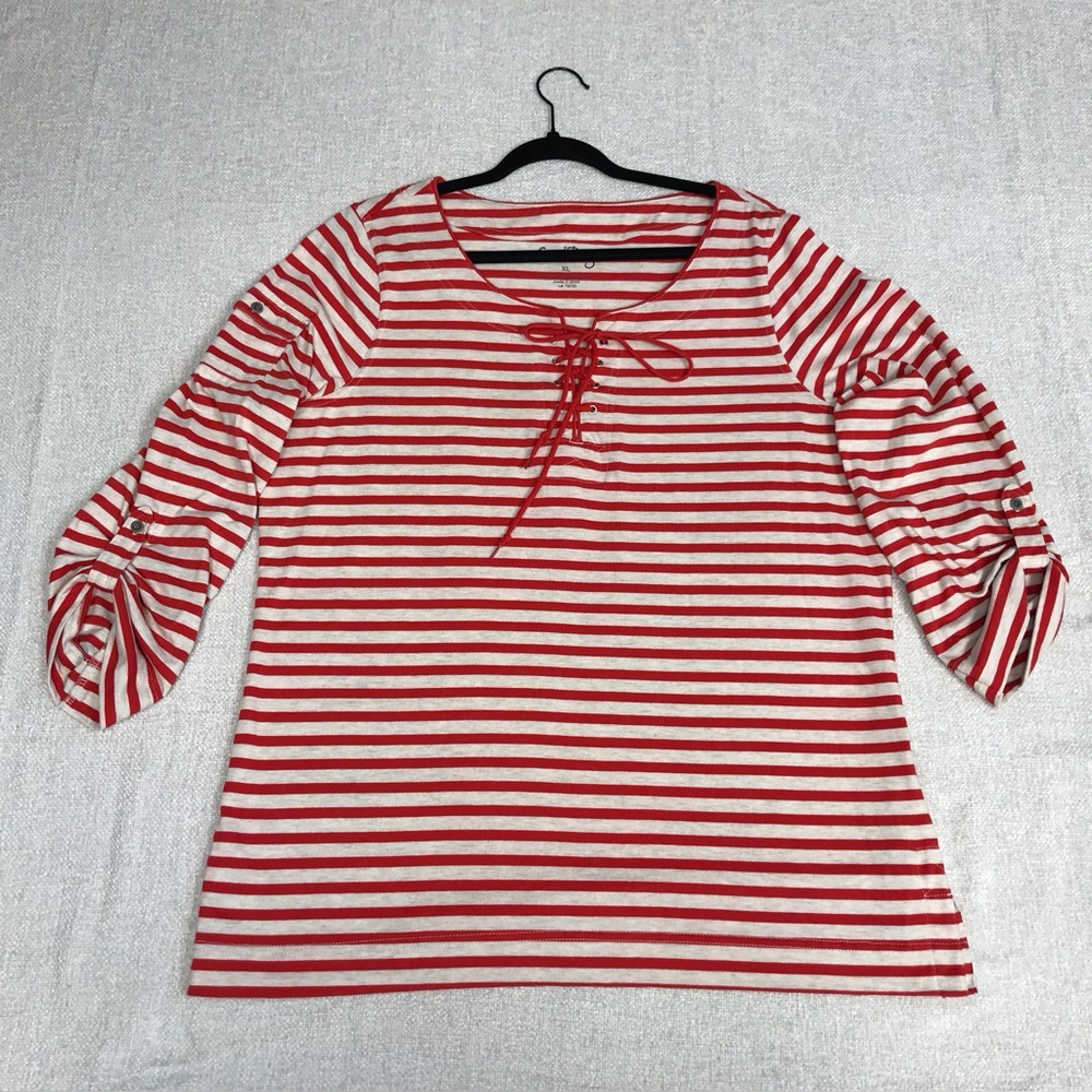 Coral Bay red and white striped lace-up blouse.